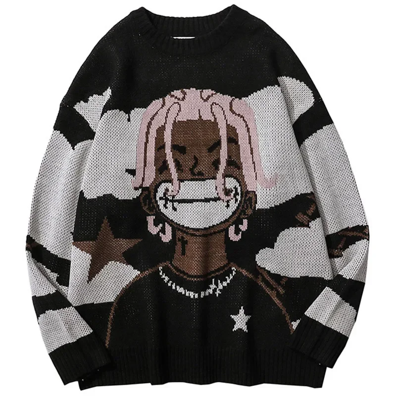 

Harajuku vintage cartoon anime knitted sweater men winter oversized men's rock hip hop rap pullover women jumper ugly sweater