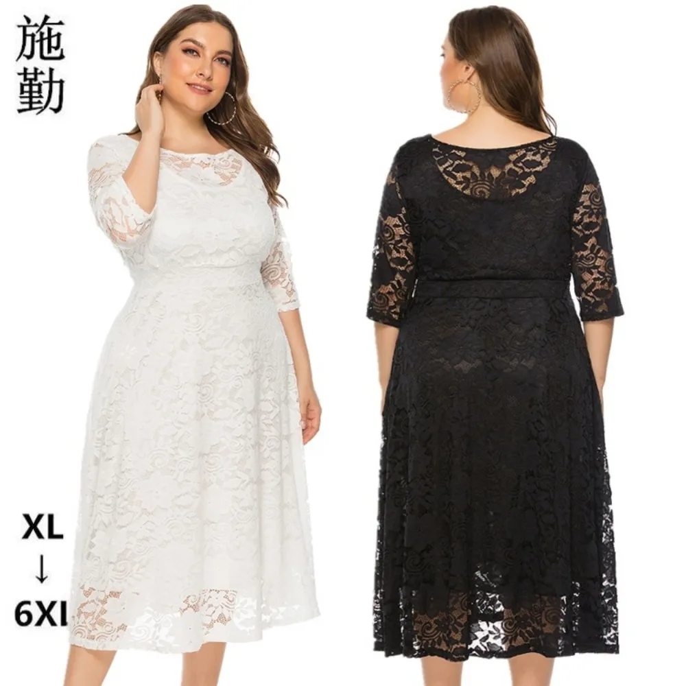 2024 Spring Elegant African 3/4 Sleeve O-neck Lace Plus Size Midi Dress Dashiki African Dresses for Women XL-8XL Africa Clothing