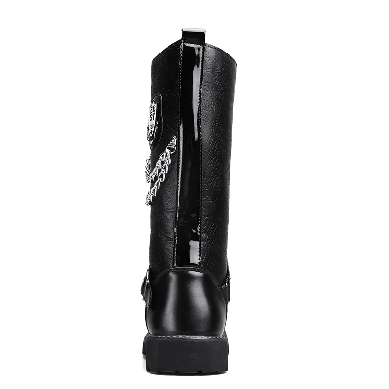 New 2023 Men Leather Motorcycle Boots Fashion Mid-Calf Punk Rock High Top Casual Boots Men Shoes Military Riding Boots Black