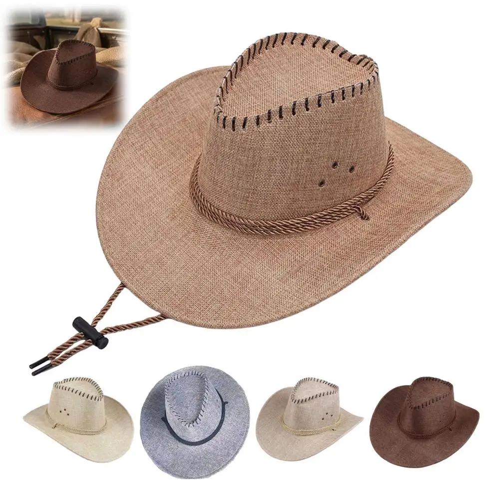 Western Cowboy Hat with Windbreak Rope for Men, Wide Brim Linen Sun Hat for Outdoor Travel, Breathable Fedora Hats for Party 2
