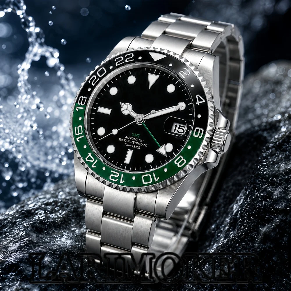 LARIMOKER 36mm38mm NH34 GMT Automatic mechanical watch Black Green Ceramic Bezel Sapphire Glass Stainless Steel Sliding Bracelet