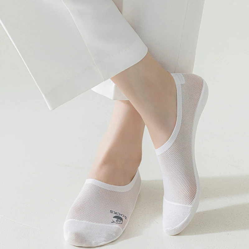 Ice Silk Sock Slippers Women Summer Invisible No Show Socks Hollow Out Mesh Thin Breathable Silicone Non-slip Low Cut Boat Socks