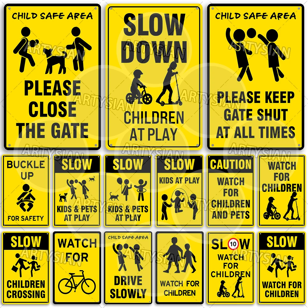Child Safety Metal Sign Kids Warning Plaque Drive Slowly No Unsupervised Children Swimming Pool Caution Children at Play