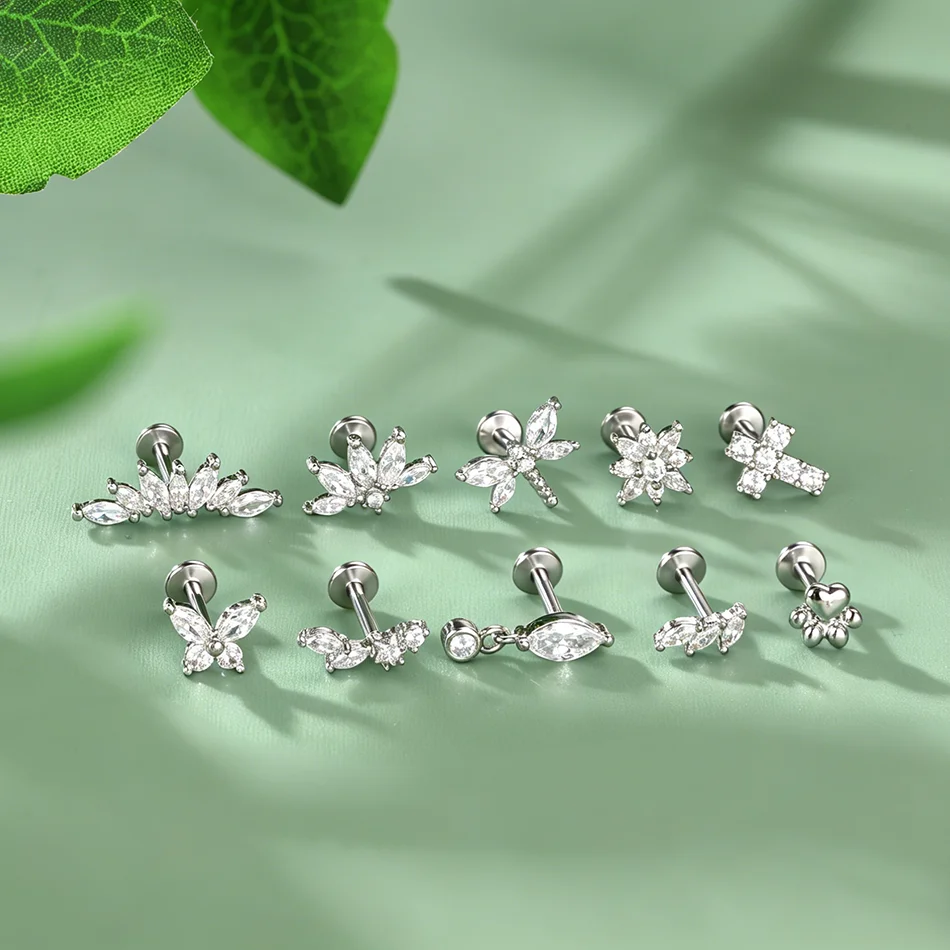 1 Stück Stahl & Kupfer Zirkon Flacher Ohrstecker Blumen-Design für Ohrläppchen Helix Tragus Knorpel Medusa Piercings Damenschmuck 16G – Detail 10
