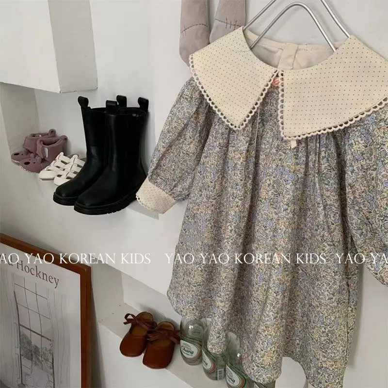 Popular Girls Dress2024Autumn New Western Style Baby Girl Loose Lapel Long Sleeves Children Floral Skirt