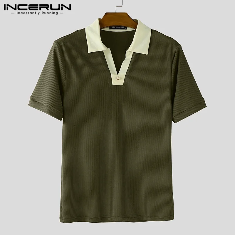 

INCERUN Мужская рубашка в стиле пэчворк, летняя вязаная мужская одежда с лацканами и короткими рукавами, уличная одежда, модные повседневные мужские топы 2025, рубашки S-5XL