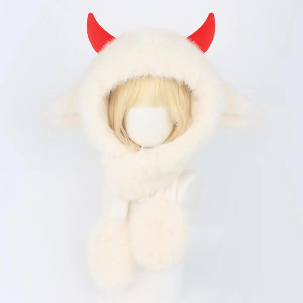 หมวกกันหนาวน่ารักสำหรับผู้หญิง ฤดูใบไม้ร่วง ฤดูหนาว หมวกแสดงพร้อมผ้าพันคอ ขนปุยหลากสี น่ารัก ลายเขาสัตว์ สำหรับเทศกาล