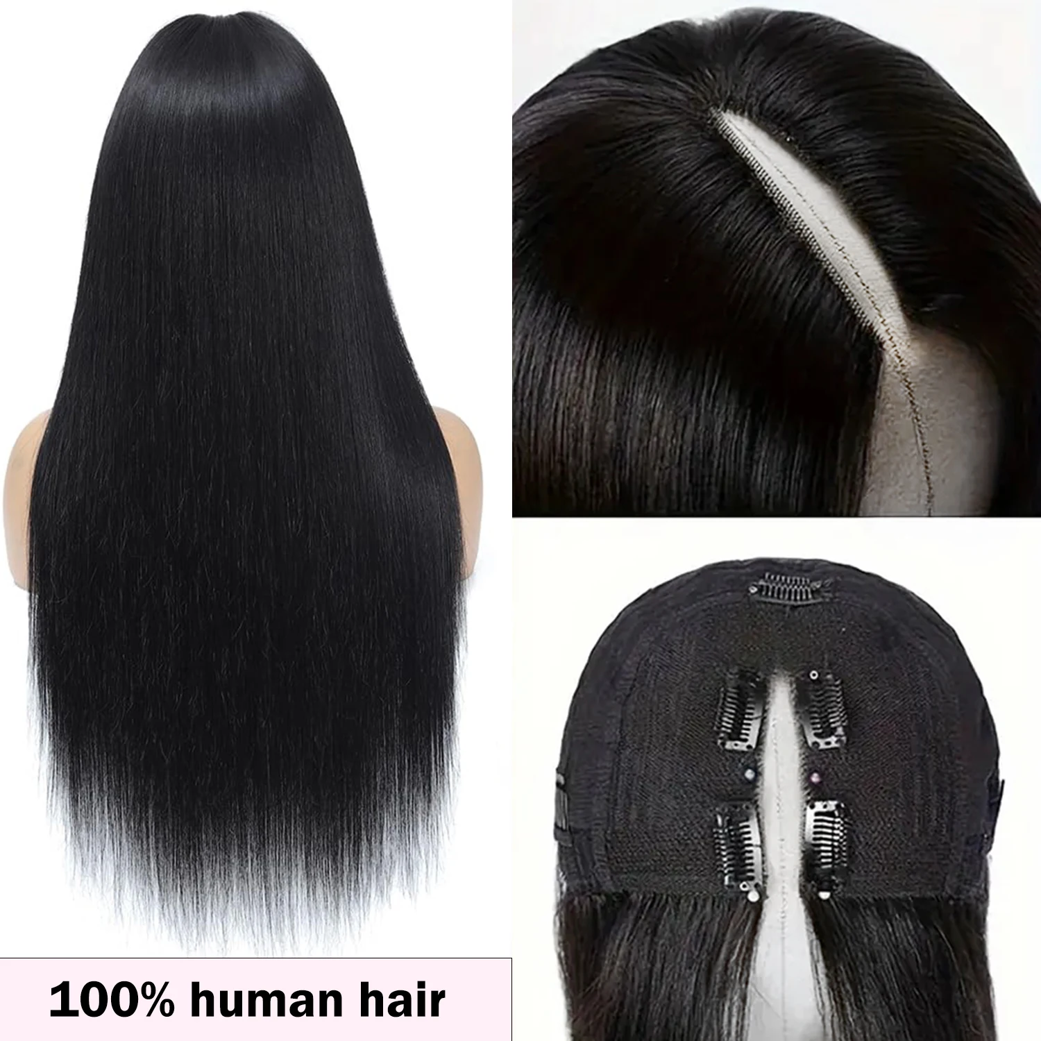 24 인치 V 부분 인간의 머리 가발 스트레이트 100% 인간의 머리 가발 여성용 V 부분 가발 레미 헤어 하프 가발 인간의 머리카락 자연 바느질 없음