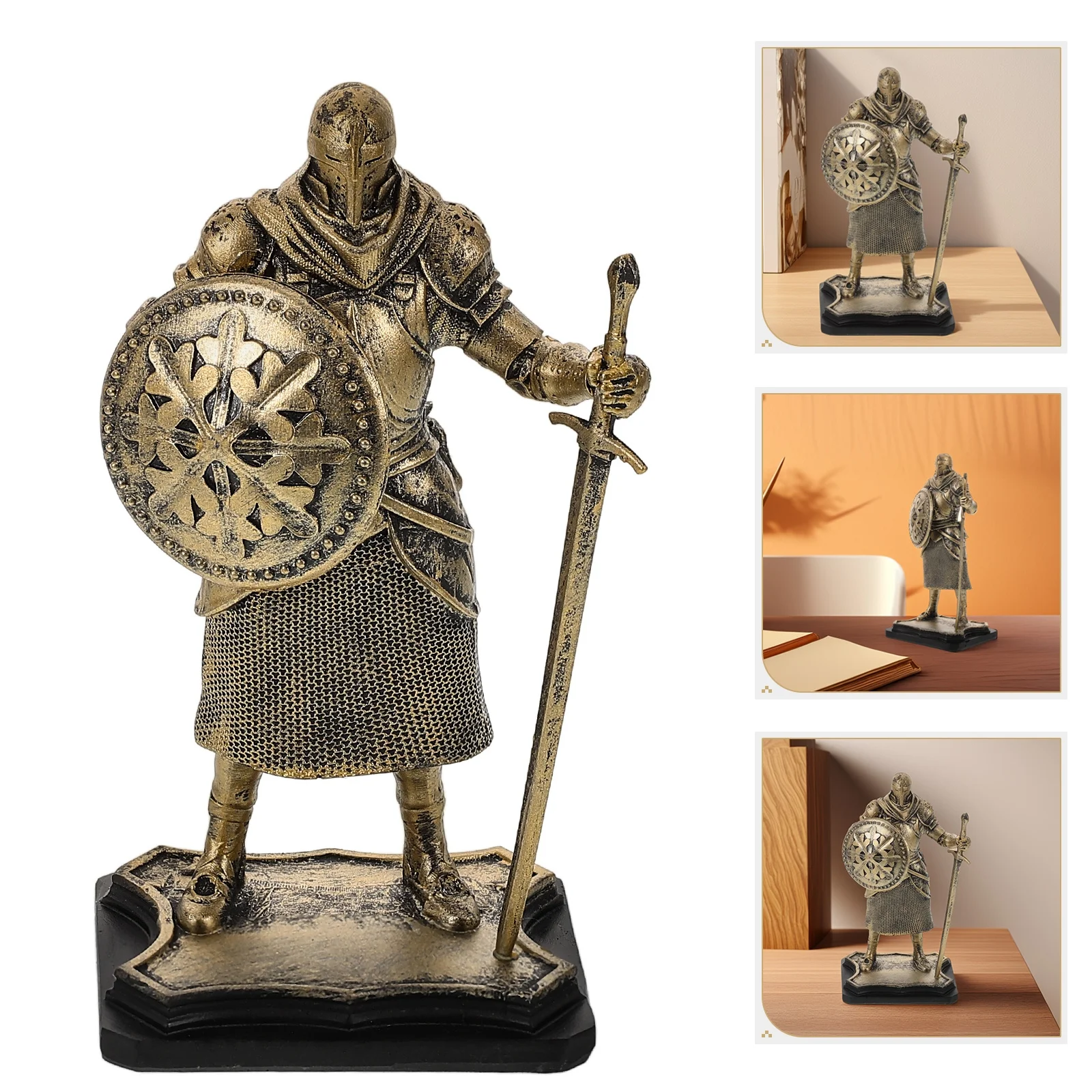 

Resin Knight Medieval Vintage Soldier Statue Decorative Home Office Warrior Sculpture Roman Shield Tower Pen Holder