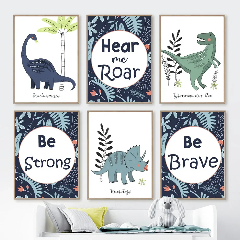 Tyrannosaurus Rex Triceratops Brachiosaurus Brave Strong Roar Dinosaur Posters Prints Canvas Wall Art Pictures Kids Room Decor