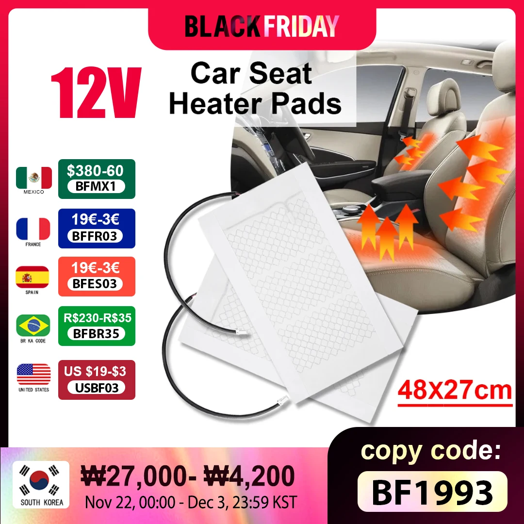 2Pcs 12V Car Seat Heating Pad Carbon Fiber Heated Pad 48x27/52.5x28cm Auto Winter Warmer Heater Mat Cars Heated Seats Pads