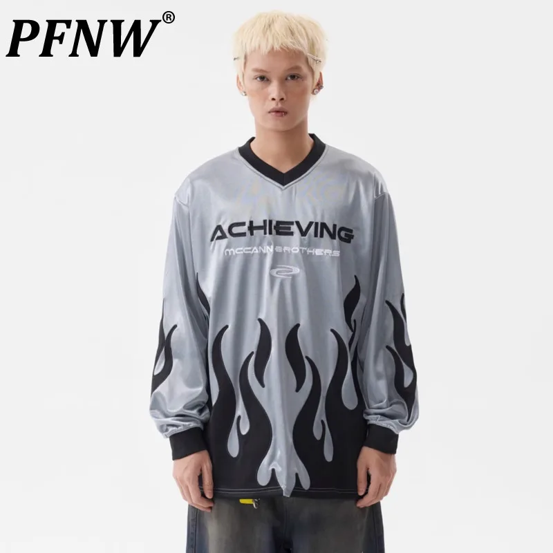 PFNW Niche Vintage Design Embroidered Printting V-neck Street T-shirt Male Hip-hop American Long Sleeved Men Tops Trendy 28W4412