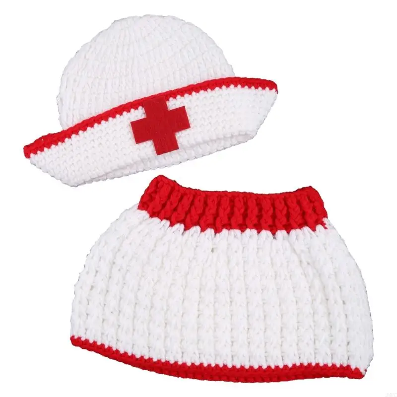 28EC Newborn Photography Props 2pcs Baby Photo Props Nurse Costume Hat Skirt Woolen Yarn Knit Costume for Boy Girl