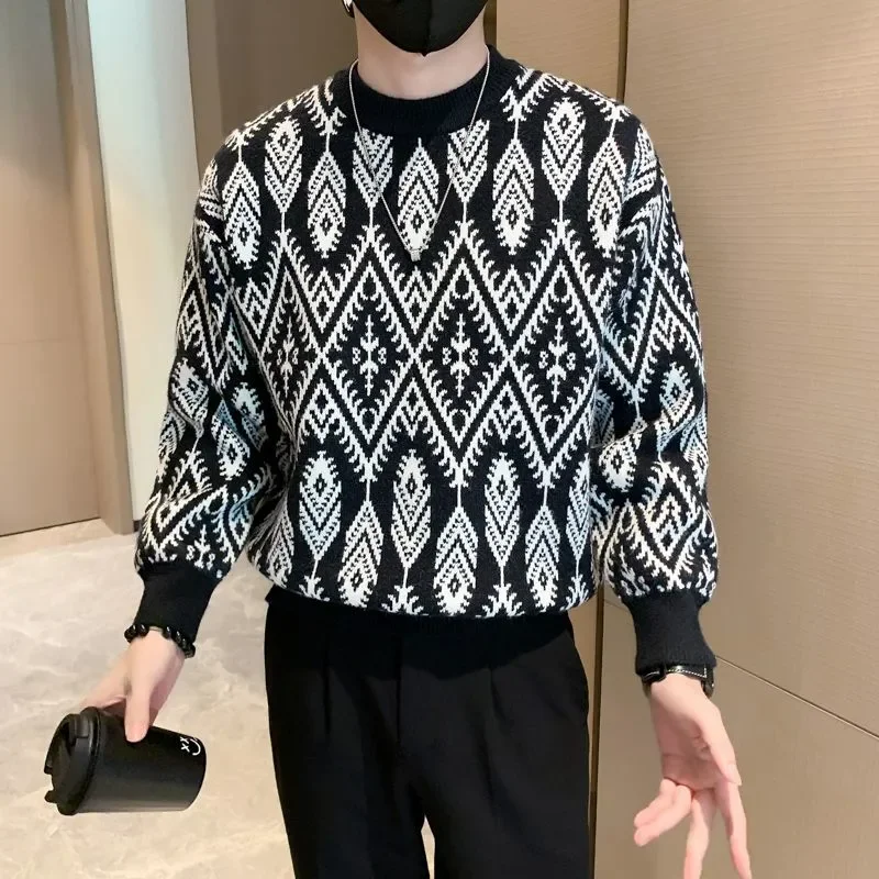 العرقية نمط سترة جاكار الرجال قاع قميص بأكمام طويلة الخريف والشتاء محبوك سترة البلوز #4