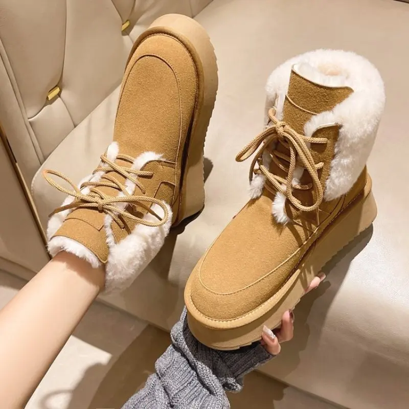 

Snow Boots Women Cow Suede Leather Lace Up Ankle Boots Warm Wool Ladies Winter Fur Shoes Handmade Fashion Casual Botas De Mujer