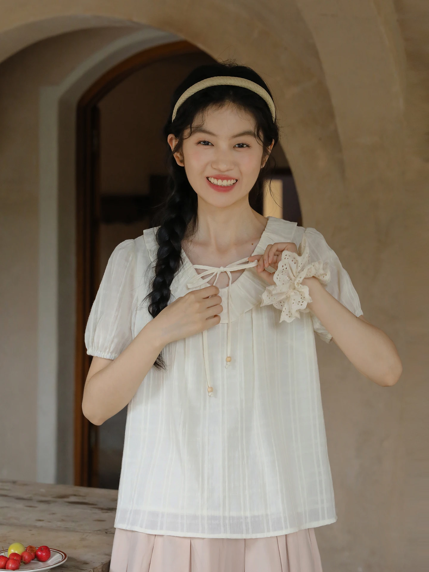 

Nesoulum Summer Cotton irt Women's Loose V-Ne ort Sve Plaid k Patterned Bubble Sve Pure Color Top