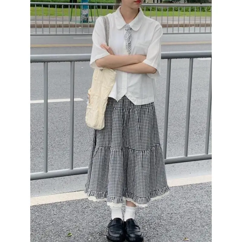 Deeptown gaya Jepang kotak-kotak rok panjang wanita Kawaii manis Ruffle Midi rok Fashion Preppy gaya A-line Cutecore kasual rok