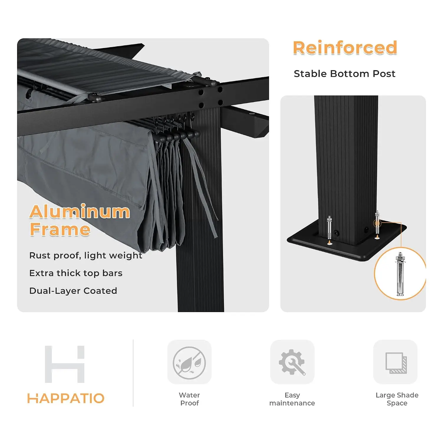 10'x10' Retractable Pergola Sun Shade Canopy, Patio Aluminum Shelter Backyard Garden Porch, Ground Studs & Screws, Customized