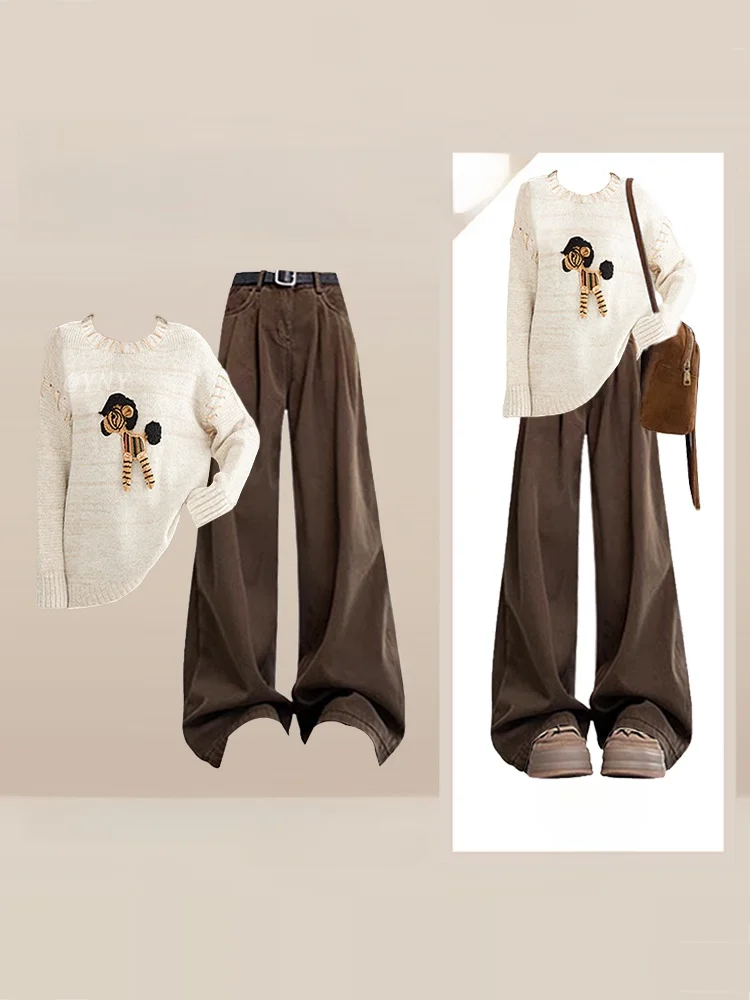 

Soft Sweater Women's Winter New Lazy Retro Top Knitted High Waist Wide Leg Pants Two Piece Set Apricot Cartoon Comfortable Cl...