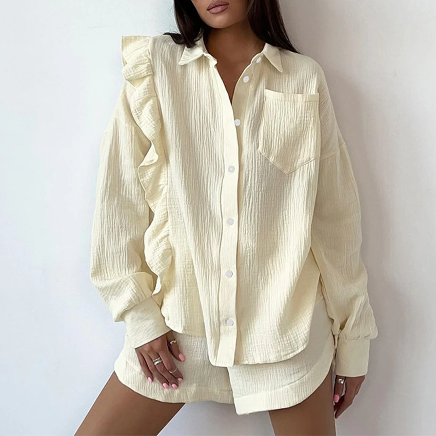 Autumn Sleepwear Ruffled Solid Color Long-sleeved Shorts Women\'s Cotton Pyjama 100% Cotton Pajamas Home Wears  2Pcs Nightwear