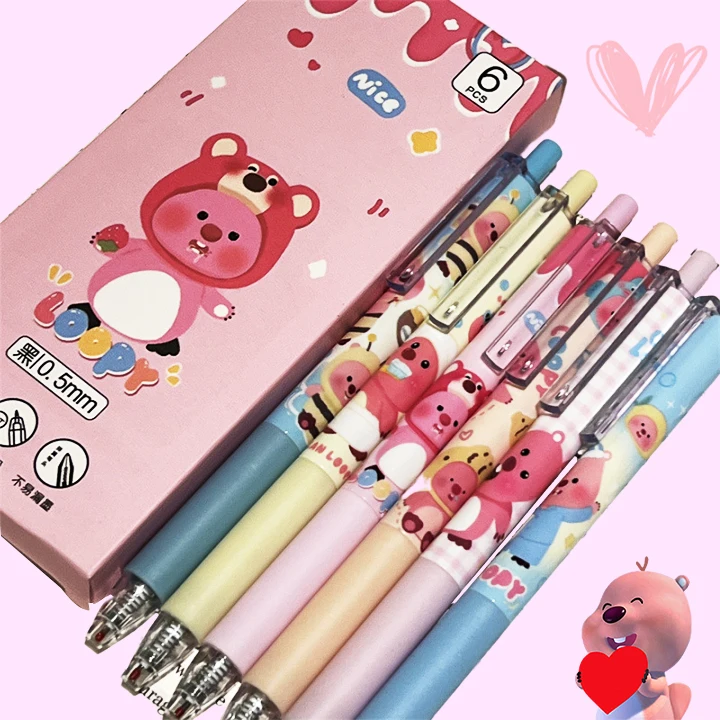 

Loopy Gel Pens Kawaii 6Pcs Pressing Students Stationery School Office Black Quick Drying Smooth Stylish Cartoon Girls Kids Gifts