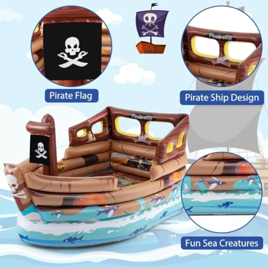 Casa de salto de navio pirata, castelo inflável inflável com tema pirata com motor embutido, espada e chapéu inflável, remendos de reparo, indo