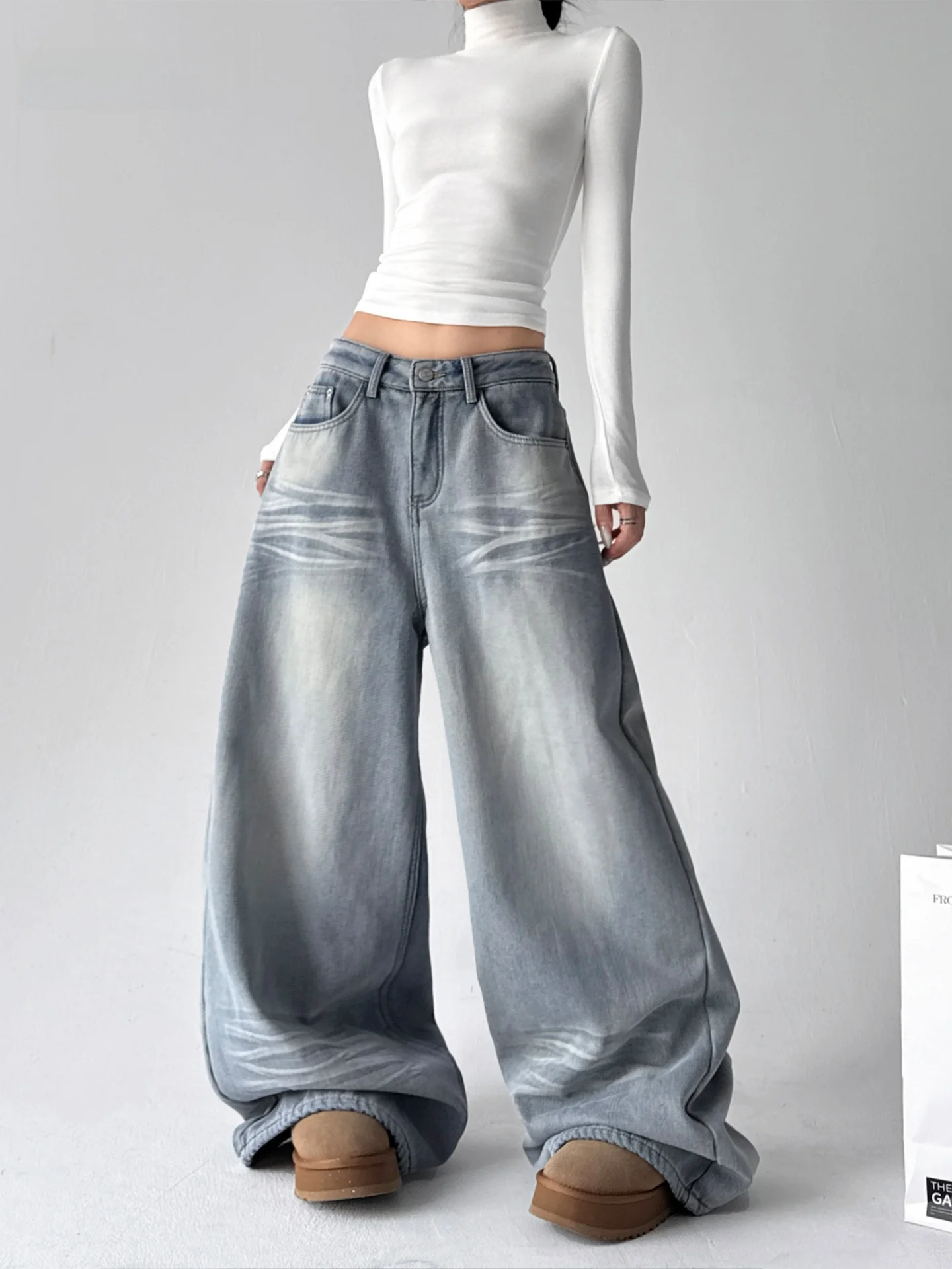 

Fce Lined Wide Leg Jeans Women's Winter New Loose Straight High Waist Floor Length Design Sense Pants Cotton Elastic Fiber