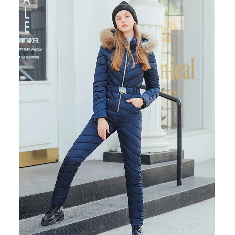 New Winter One-piece Ski Suit Down Jacket Fashion Slim Waist Thickened Warm Outdoor Sportswear Ladies Fur Collar Cotton Suit