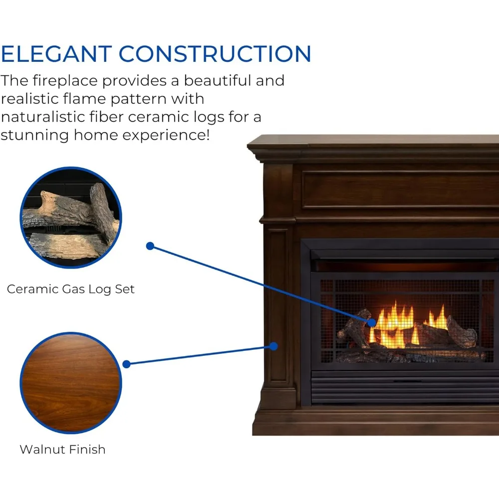 Dual Fuel Ventless Gas Fireplace System with Mantle, Remote Control, 5 Fire Logs, 26000 BTU, Heats up to 1350 Sq. Ft., Walnut