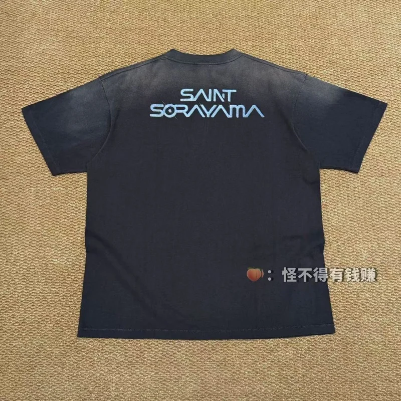 Authentic SAINT Black Mechanical T-Rex Vintage Print Tee Summer Fashion Washed Hip-Hop Casual