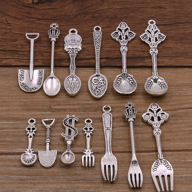 20pcs Vintage Metal 2 Color Mixed Size Spoon Fork Charms Retro Kitchen Supplies Pendant For Jewelry Making Diy Handmade