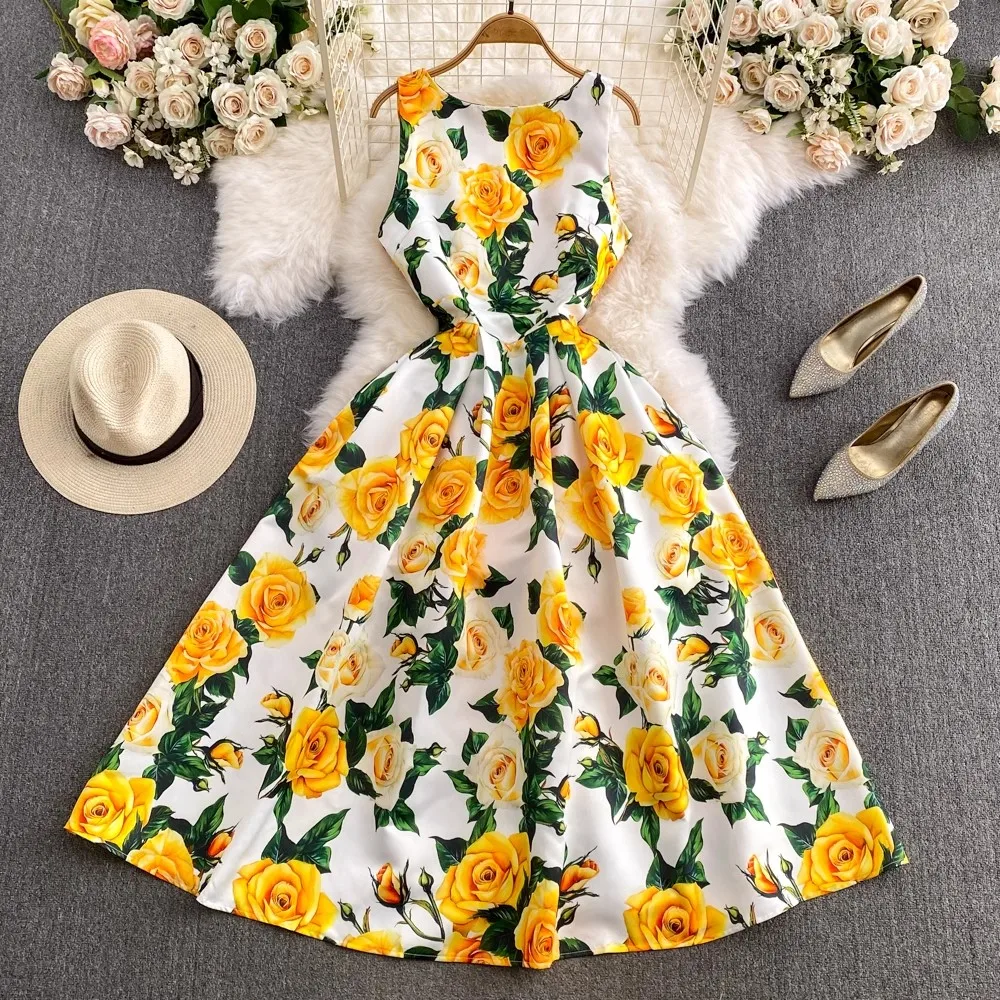 Fashion Runway Summer Midi Long Women Dress O-Neck Sleeveless Elegant Yellow Rose Print  Office Lady Work Wear Vestidos 6839