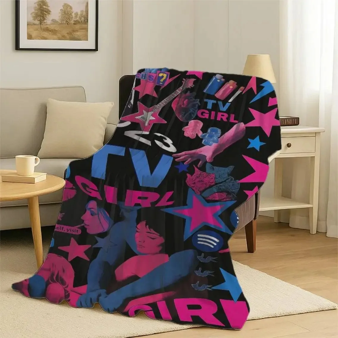 Customize 1pc TV Girl Vintage Pop Art Blanket - Trendy Band Design with Lyrics and Song Titles, Soft Flannel All-Season Sofa Bed