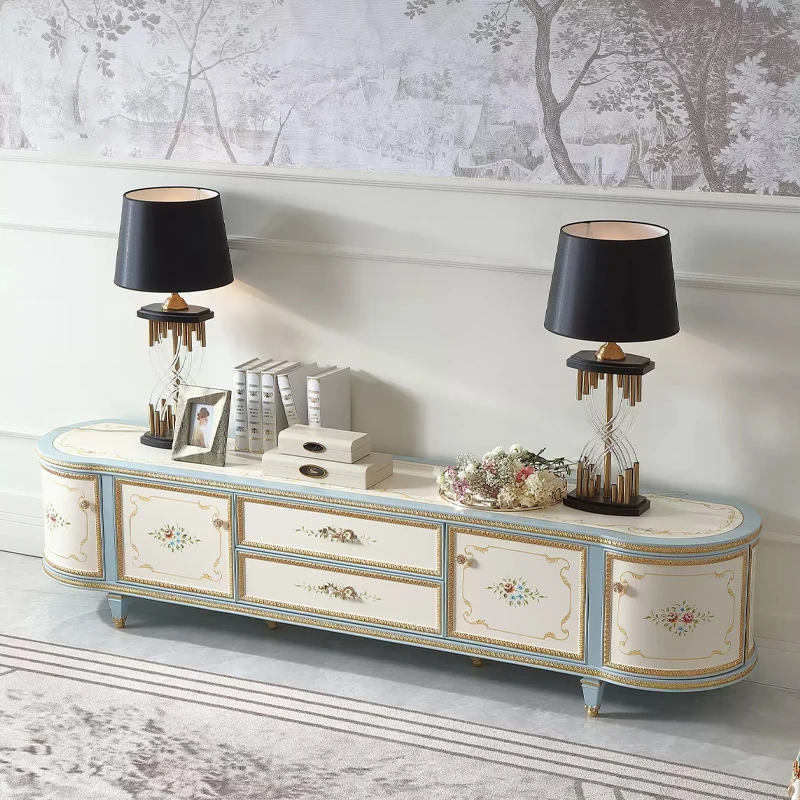 Handmade Classical  Living Room MDF TV Stand Furniture Pattern Decoration Solid Wood TV Cabinet