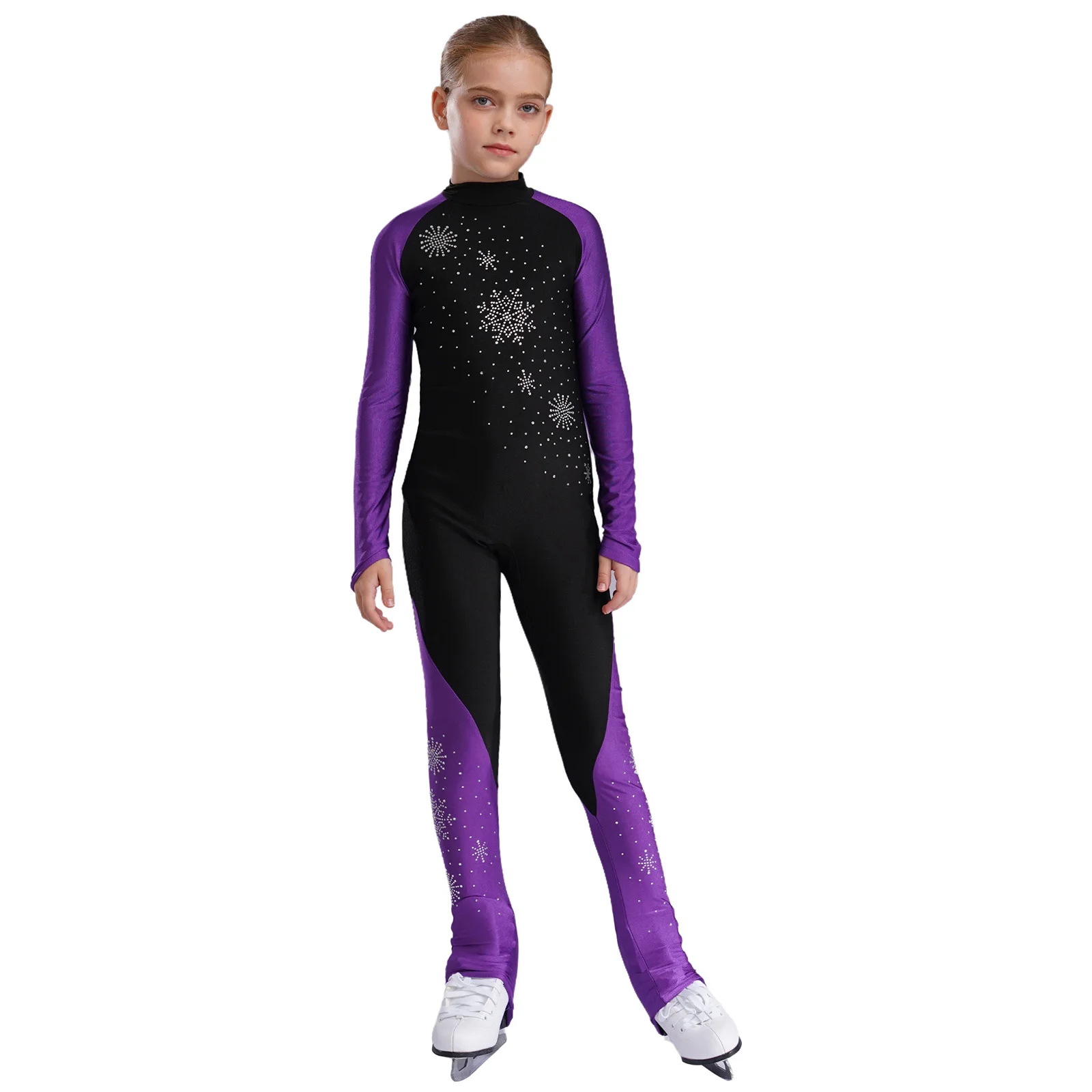 Kids Girls Stylish Figure Skating Ballet Jumpsuit Costume Long Sleeve Snowflakes Bodysuit for Practice Competition Performance