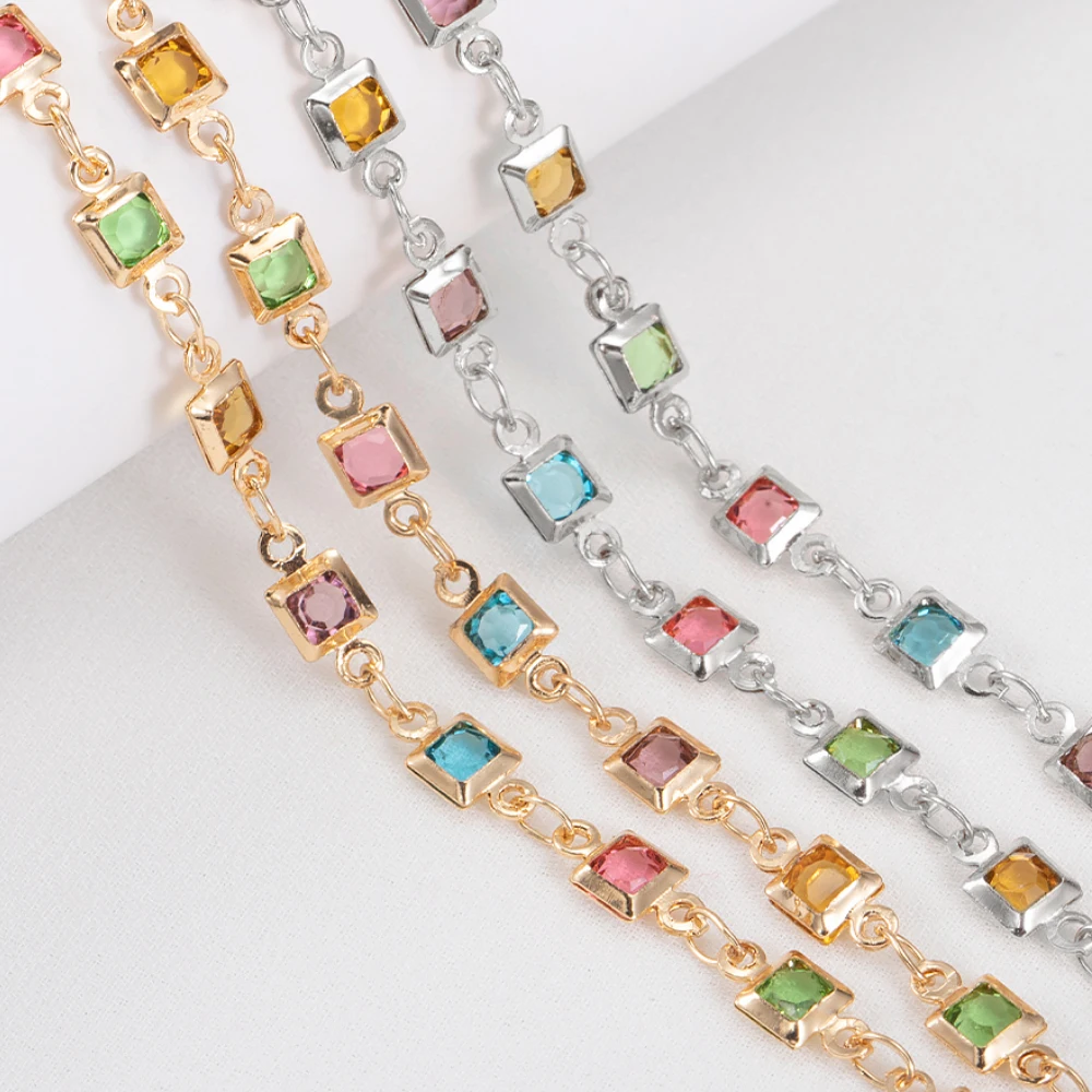 

1meter 4mm Square Crystal Bead Copper Chains Dopamine Rhinestone Glass Bead Necklace Chain Supplies for DIY Jewelry Making