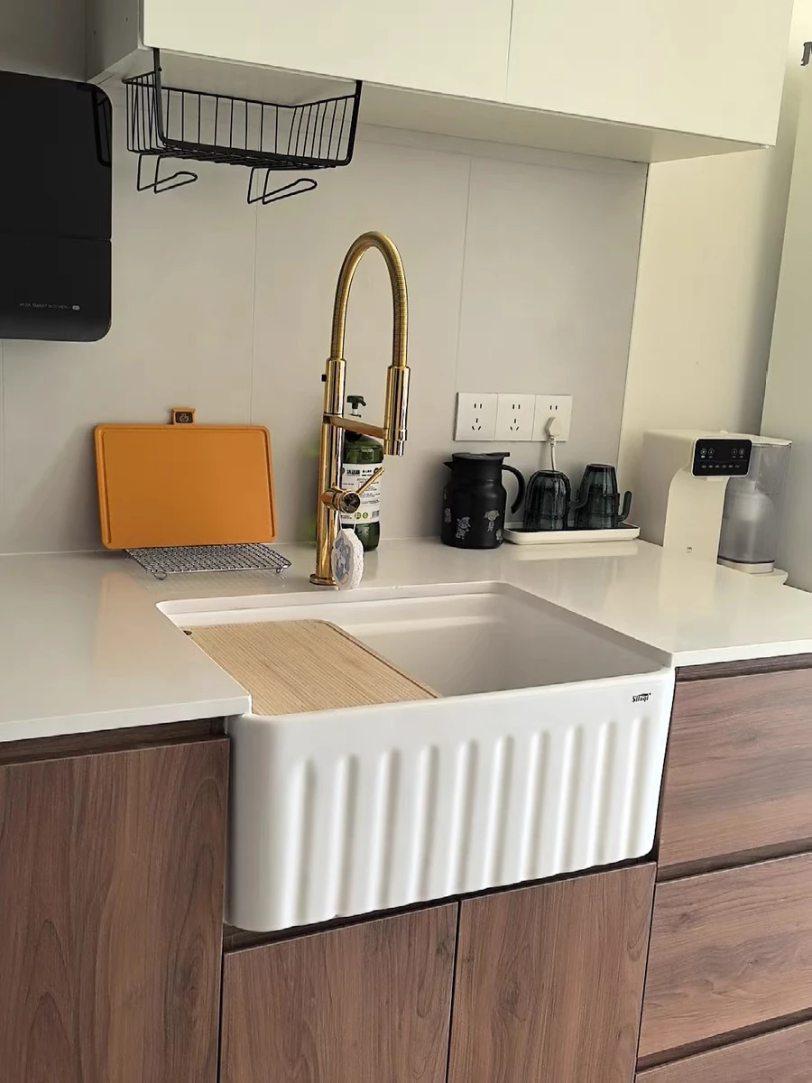 

Retro American kitchen refractory soil ceramic sink large single slot white front semi-recessed vegetable basin dishwasher