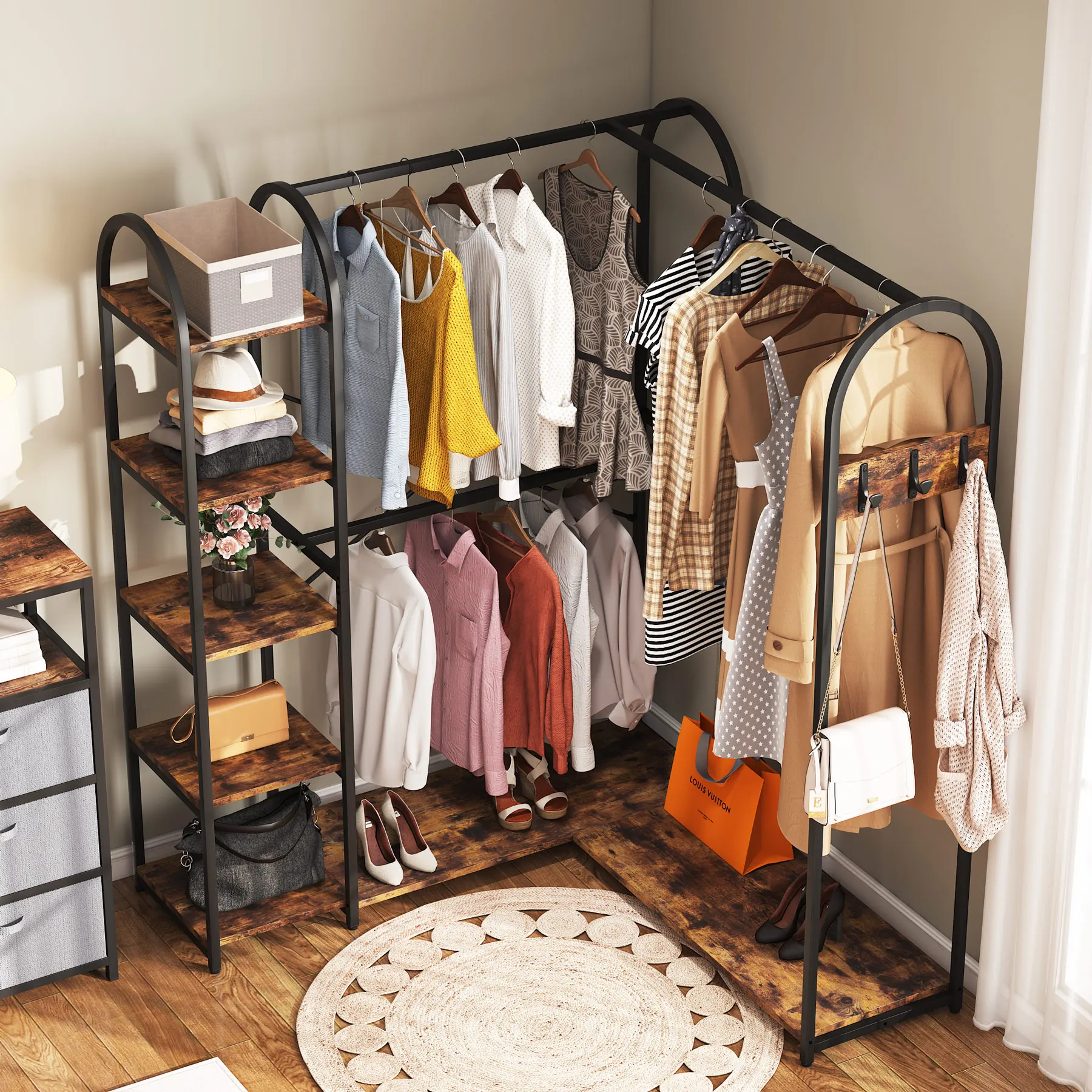 Rustic Wood L-Shaped Clothes Rack, Corner Garment Rack With Storage Shelves Hotel Portable Closet Organizer