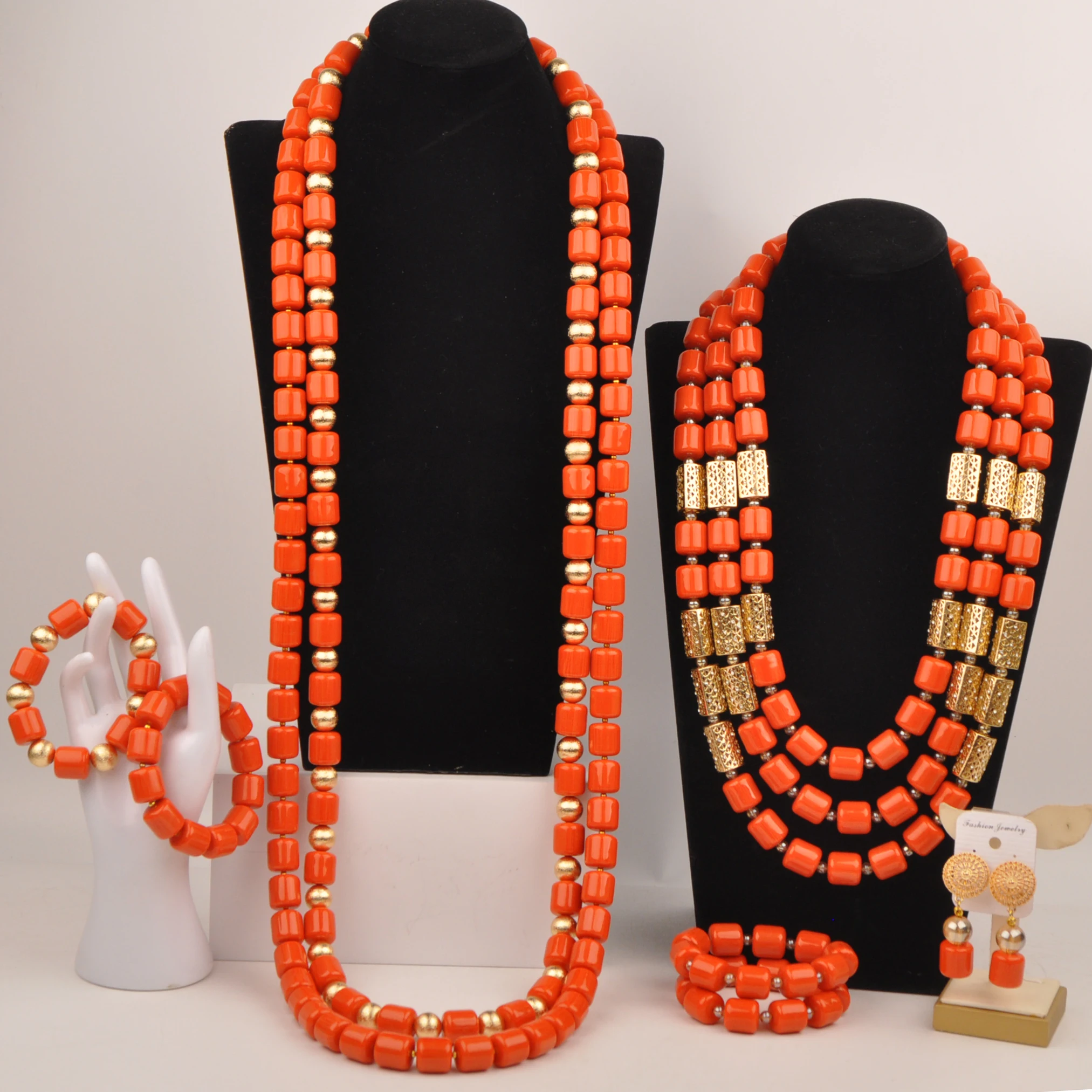 

Nigerian Wedding Jewelry Orange Artificial Coral Bead African Necklace Couple Sets