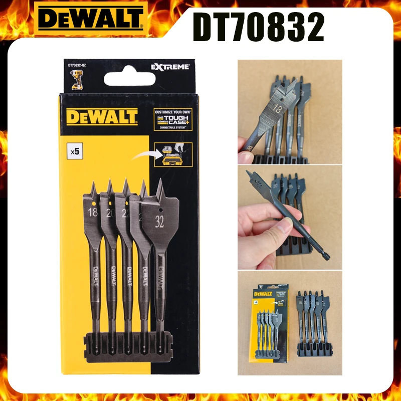 DEWALT DT70832 5PCS EXTREME Spade Drill Bit Set 18/20/22/25/32mm Hex Shank Flat Wood Drill Bits with Storage Organizer