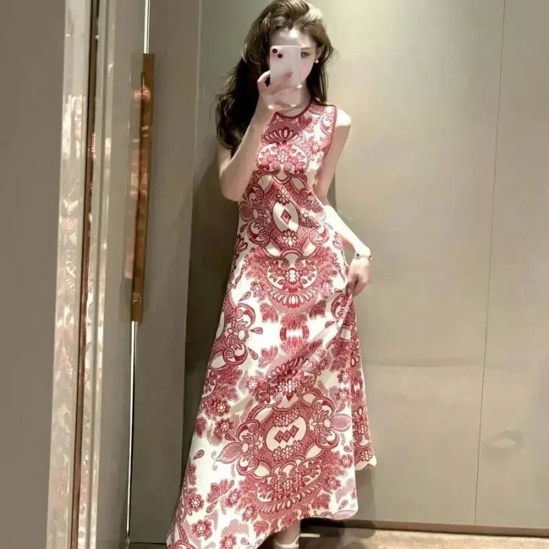 

French Style Casual Sleeveless Dress With Waist Slimming Ethnic Print Design