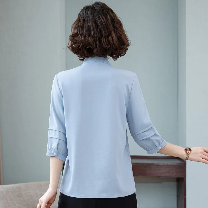 New Women'S Summer Style Slimming And Fashion 7-Point Sleeve Chiffon Shirt Mom'S Trendy Versatile Loose Ruffled V-Neck Top