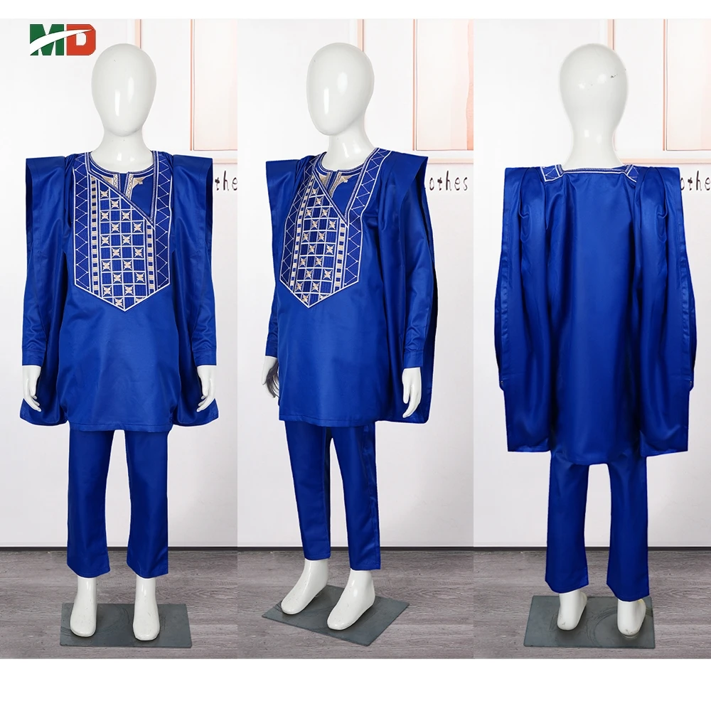 MD 아프리카 아동복 전통 앙카라 대시 키 2-10 년 소년 3PCS 자수 Thobe Fashion Bazin Blue Kaftan 2025