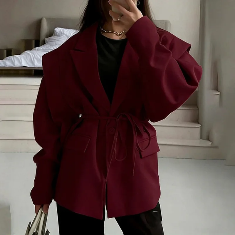 

Fashion Solid Lace Up Blazer Women Lapel One Button Loose Waist Cinching Short Coat 2025 Autumn Office Lady Commute Outerwear