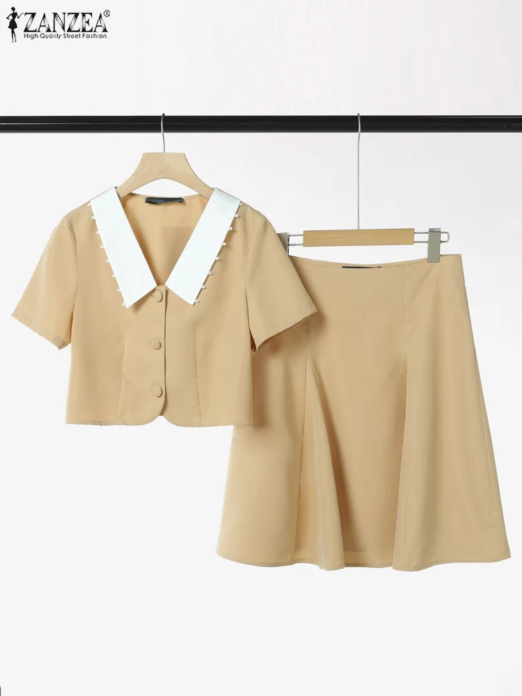 2025 ZANZEA Women Summer Dress Sets Lapel Fashion Short Sleeve Tops and Knee-length Skirts Two-piece Outfits Sweet Korean 2pcs