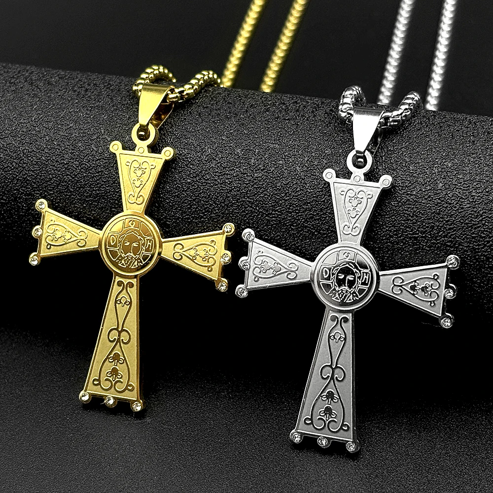 

Christian Baroque Style Jesus Cross Pendant Necklace for Women Men Stainless Steel Gold Color Rhinestone Holy Pray Chain Jewelry