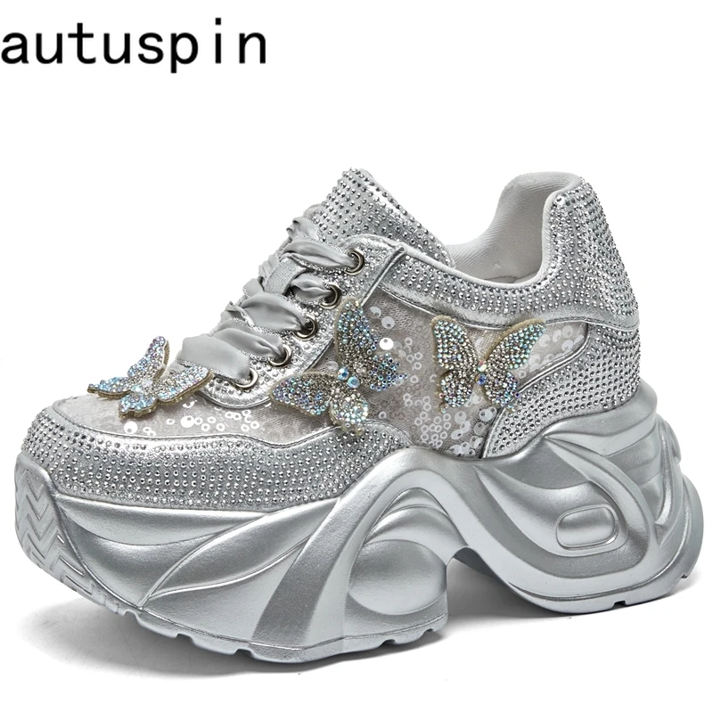 

Autuspin 7cm Summer Rhinestone Bling Women Shoes Fashion 2024 Platform Wedge Breathable Mesh Sneakers Ladies Tide Trendy Leisure