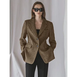 2 Button New in Ladies Outerwears Herringbone Tweed Fashion Female Flap Pocket Fall 2023 Fashion Women's Clothing Winter Coat