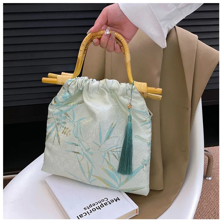 Bolsa de bordado estilo chinês para mulheres, bolsa feminina, moda retrô, borla verde, junta de bambu, sacola de festa, embreagens de verão