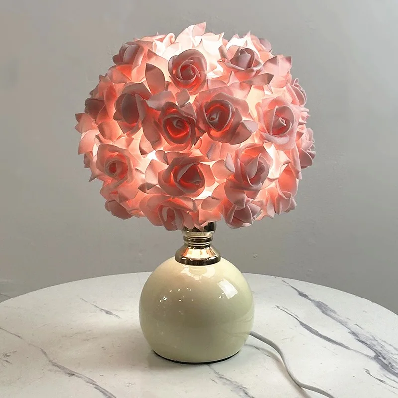 

Simple Rose Table Lamp Pink White Simple Bedroom Romantic Atmosphere Bedside Light Simulated Flower Decorative Desk Lamp